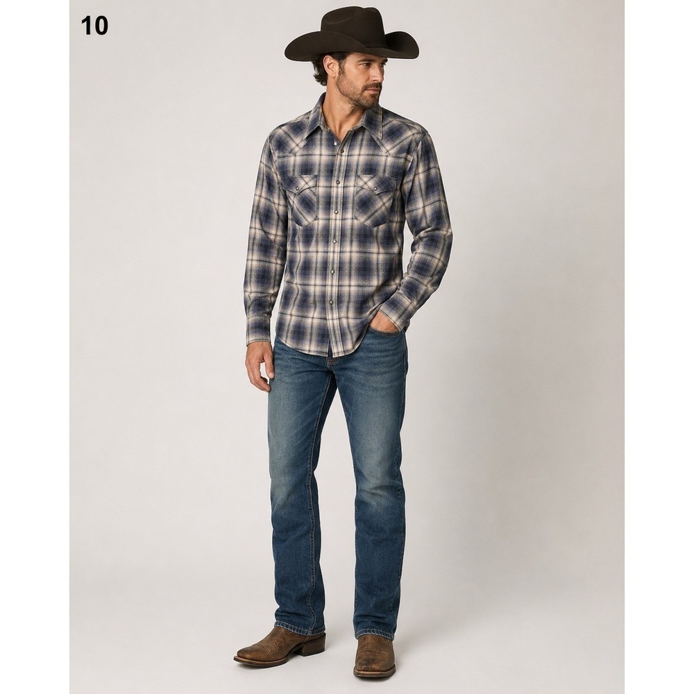 PanHandle Slim Rough Stock Pearl Snap Flannel Shirt Mens Large Blue Plaid Cotton